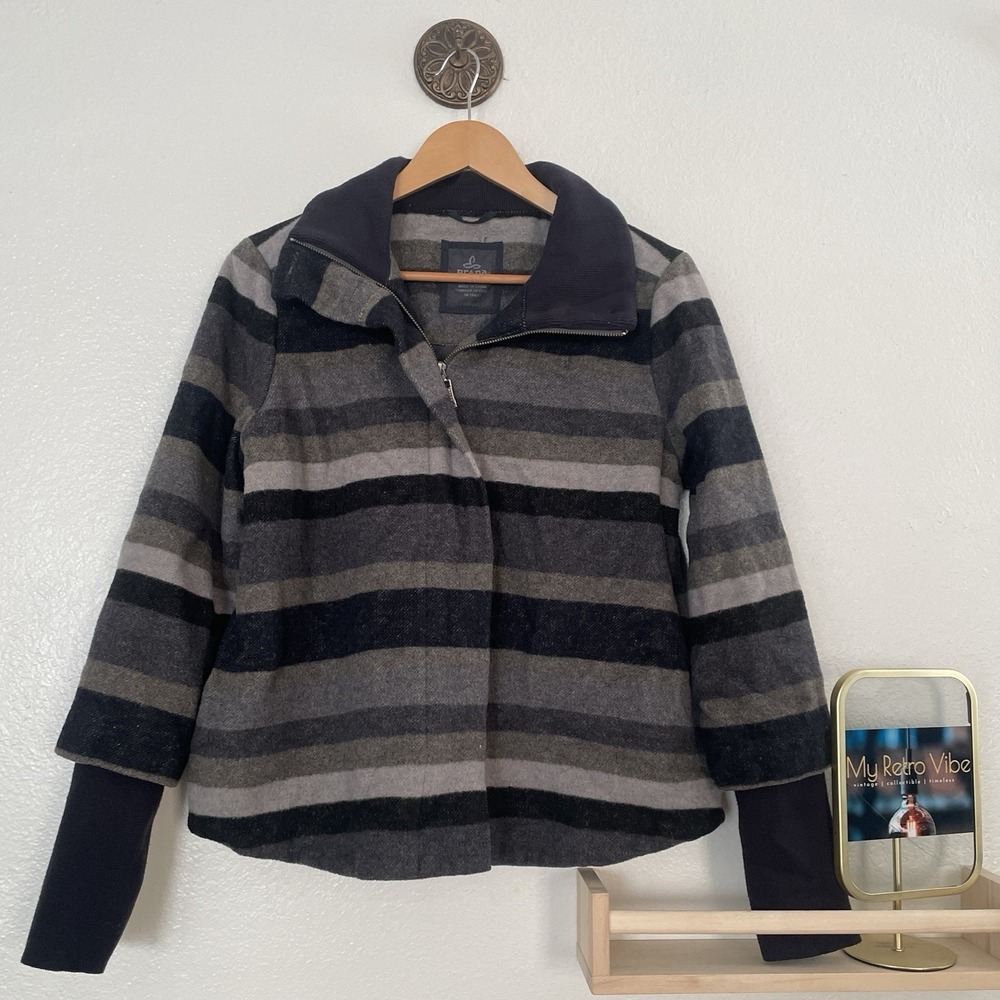 Prana Lily Wool Blend Funnel Neck‎ Jacket Coat Gray Navy Striped Women's Medium